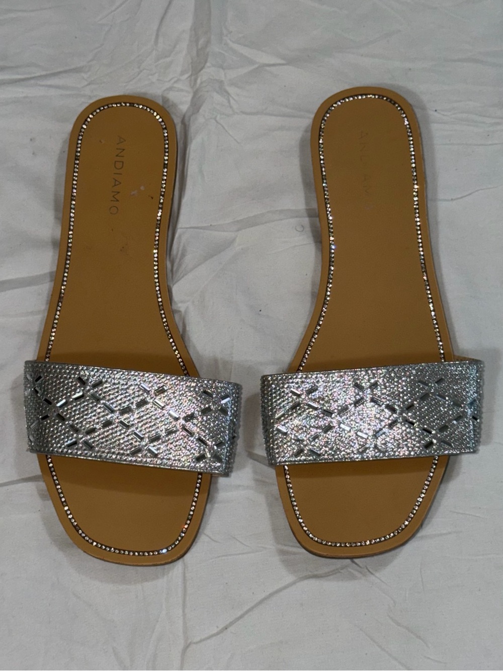 Andiamo Women 11 Silver Rhinestone Slide Sandals Square Toe Sparkle Glam